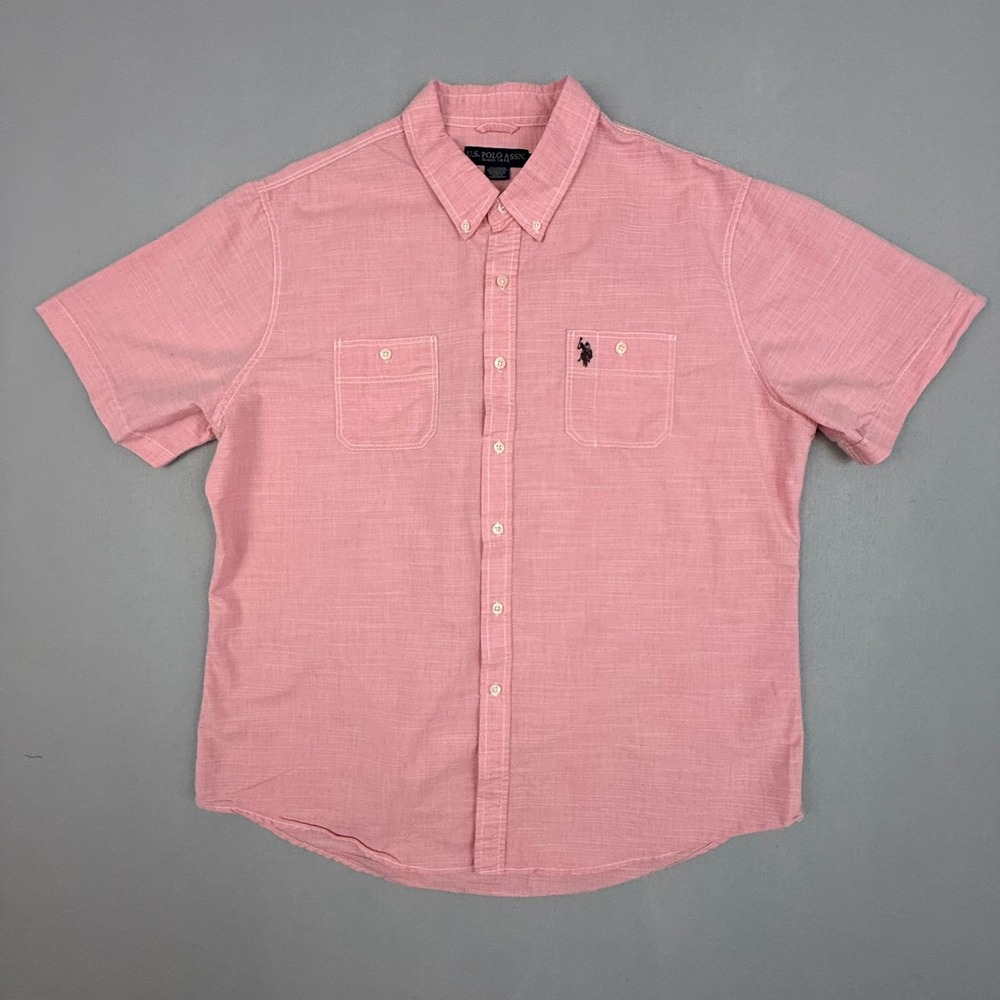 US‎ Polo Assn Shirt Mens XXL Short Sleeve Button Down Shirt Coral Pink Classic